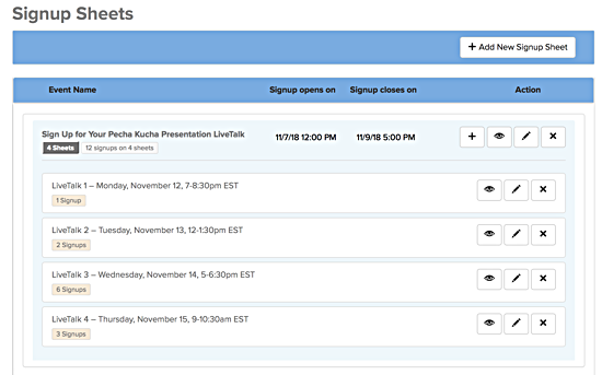 Screenshot of a group of signup sheets