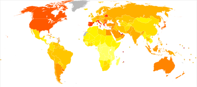 Heatmap showing prevalence of diabetes depicting most of North America and some European countries, including Spain and Italy, having the highest percentages.