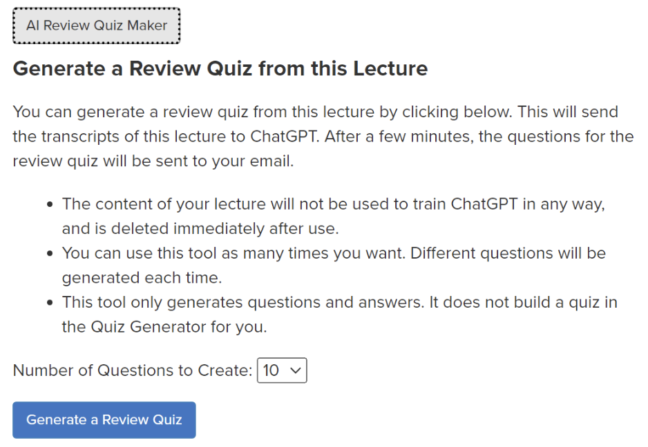 Details about how the AI review quiz maker tool works, as explained on the editing view of an individual lecture page.