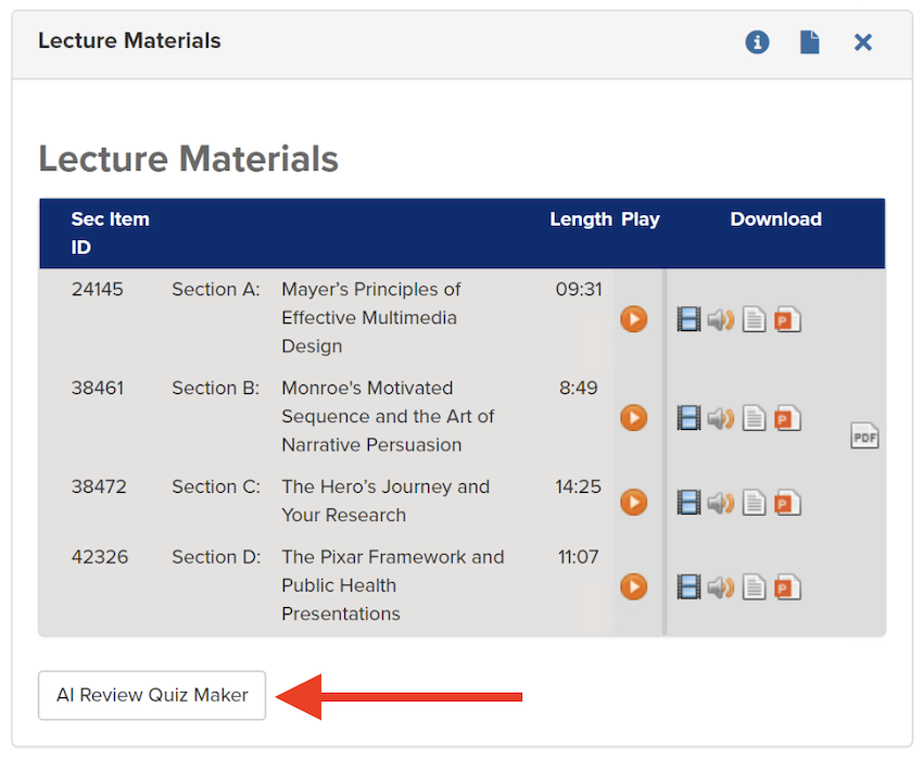 The location of the AI review quiz maker button, just below the lecture materials box.