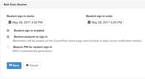 Screenshot of the reminders option in the attendance setup for a class session