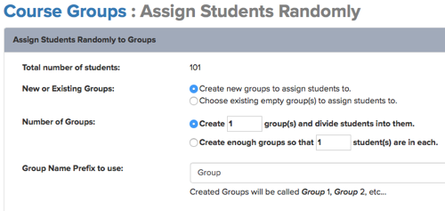 The options available when creating course groups with random student assignment
