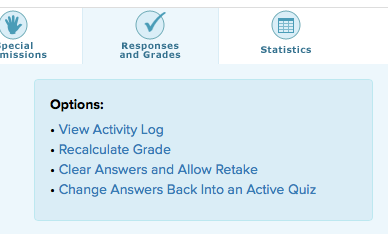Screenshot of the "Change Answers Back into an Active Quiz" link