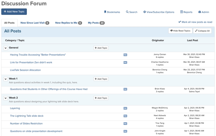 The Discussion Forum main page after to the visual refresh.