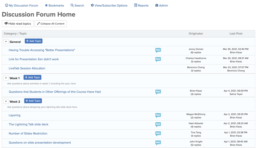 Discussion Forum interface prior to June, 2021