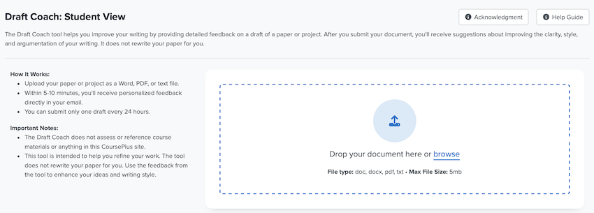 The student view of the Draft Coach tool with a drag and drop file uploader.