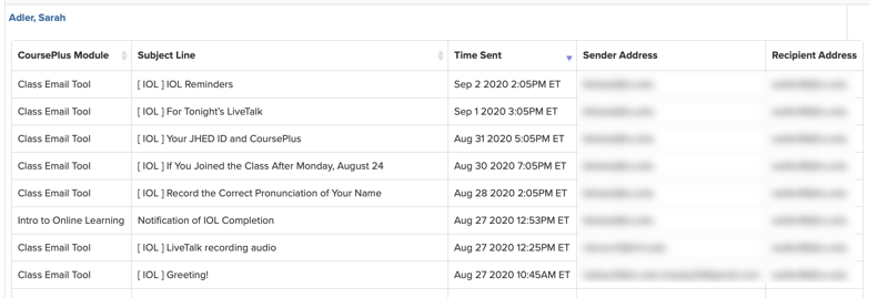 Location of emails sent to a student in the offering report