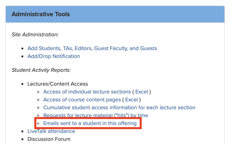 Location of emails sent to a student in the offering report