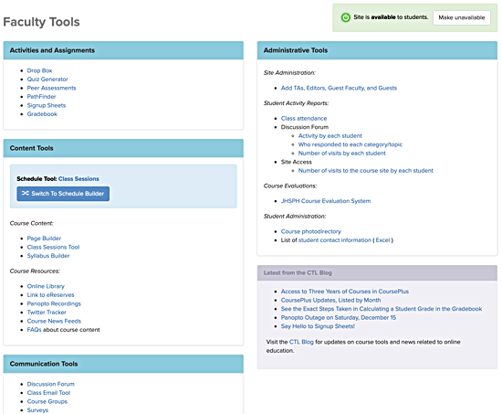 Screenshot of the new faculty tools page for on-campus courses