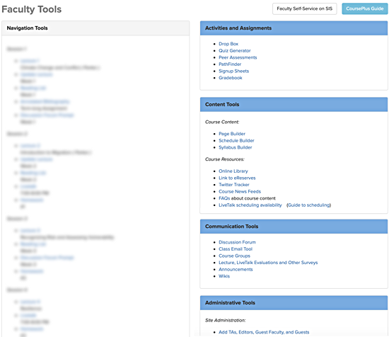 Screenshot of the new faculty tools page for online courses