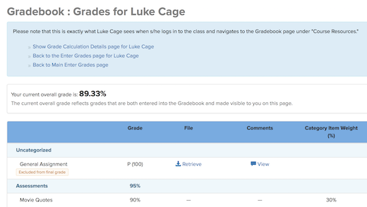 Screenshot of an example student's grade book page