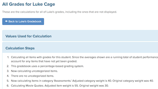 Screenshot of the calculation of an example student's grade