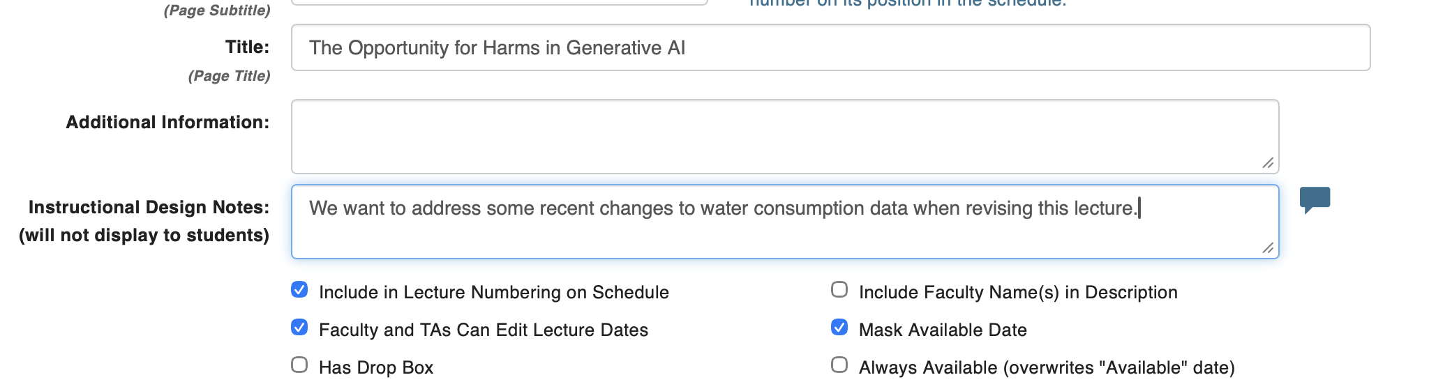 An example entry in the instructional design note field.