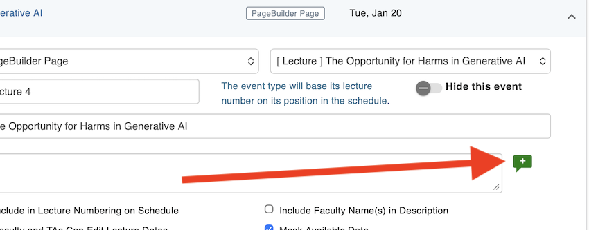 Location of the button to add instructional design notes, to the right of the Additional Information field.