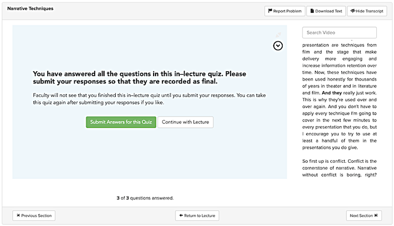 An alert appears when the students have finished answering all questions in an in-lecture quiz
