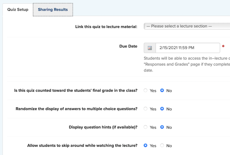 Setup options are limited in In-Lecture Quizzes