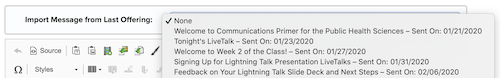 Screenshot of the Import Message from Last Offering Tool