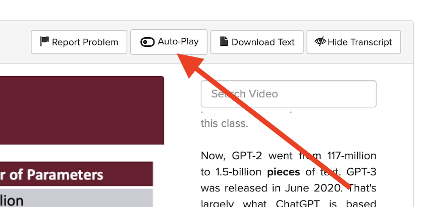 Location of the auto-play button above the main lecture video window.