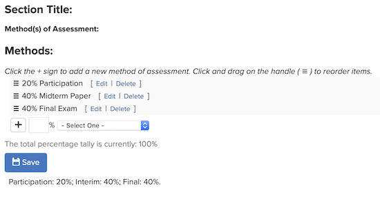 Screenshot of new Methods of Assessment editor