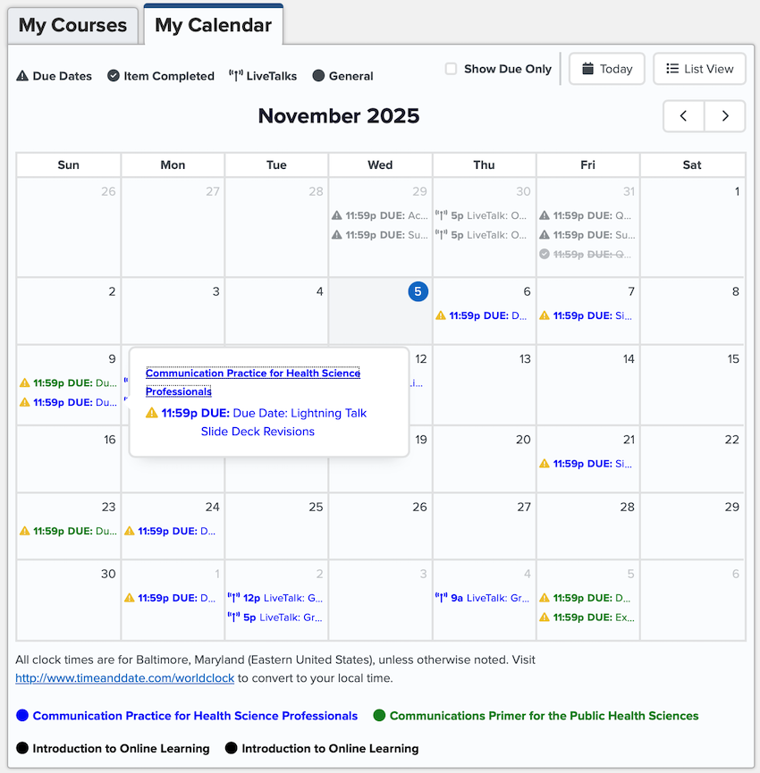 The new month-based My Calendar page color-codes items by course and prioritizes due dates and LiveTalks.