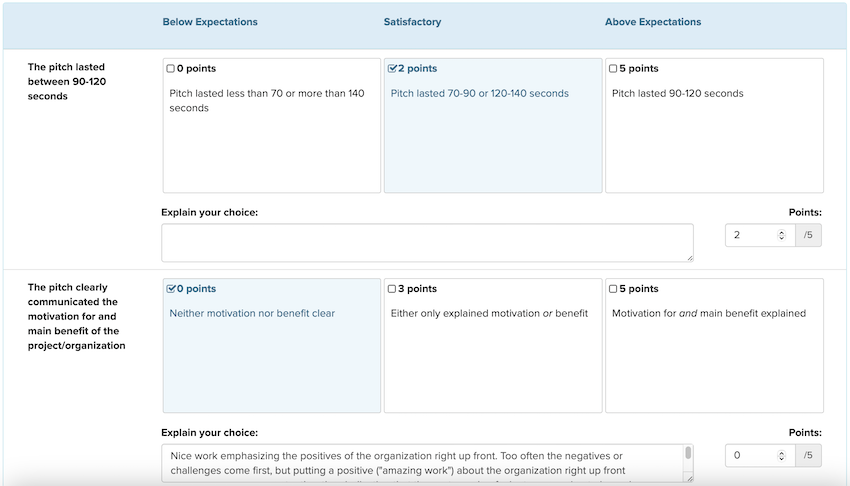 The updated rubric form includes clickable buttons inside each of the boxes in the rubric.