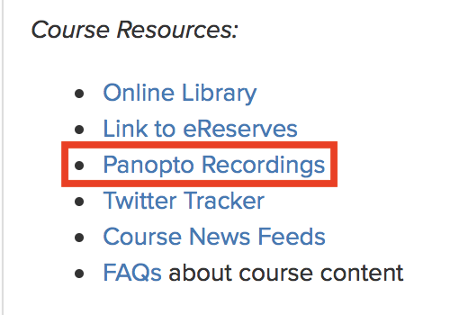 Screenshot of location of Panopto Recordings tool in Faculty Tools