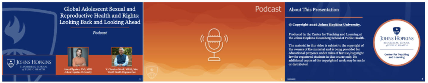Sample of the three slides used in the new podcast format.