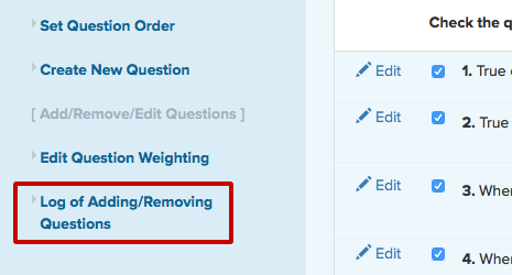 The link to display the log of adding/removing questions from a quiz