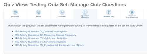 List of quizzes in a set for managing questions