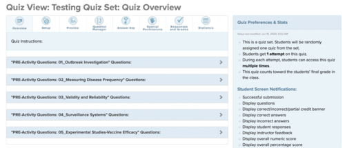 Listing of quizzes in a quiz set
