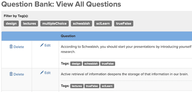 Screenshot of questions with tags applied
