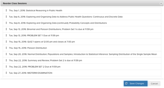 Screen capture of the revised interface for reordering the display of class sessions