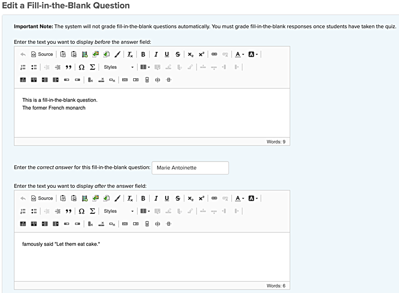 Example of rich text editing when creating a fill in the blank question