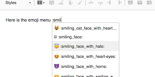 Screenshot of the emoji menu in the rich text editor in CoursePlus