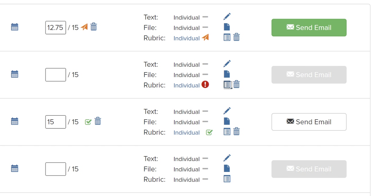 The enter grades view for a Gradebook item with a rubric, including indicators that a rubric is ready to be emailed to a student.