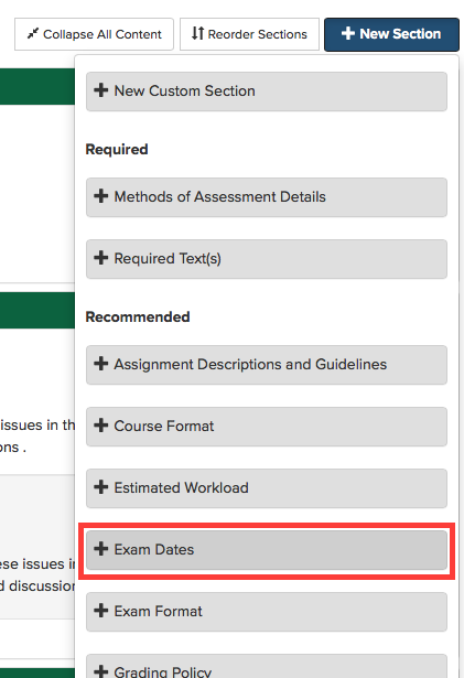 The exam dates section highlighted in the "New Section" drop-down.